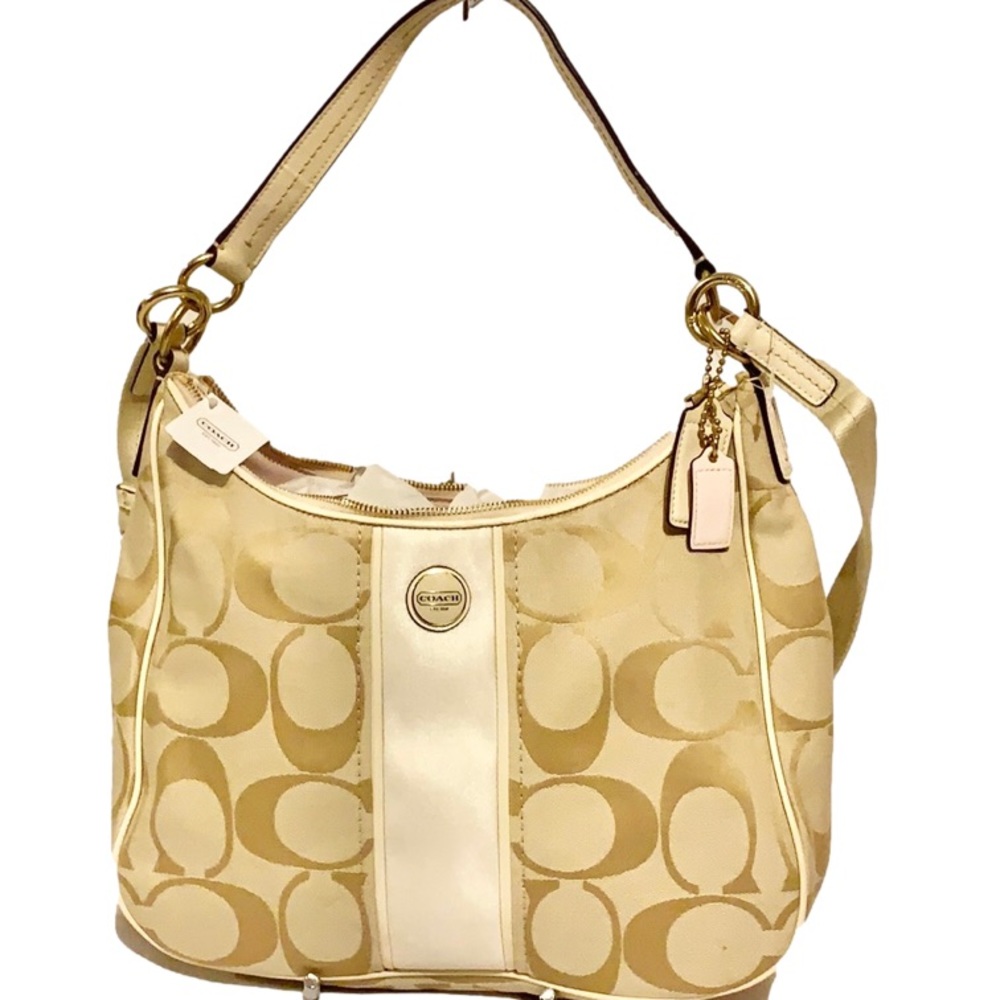 💐 COACH F21873 💐 LIGHT KHAKI WHITE SIGNATURE LOGO CONVERTIBLE HOBO MSRP $388